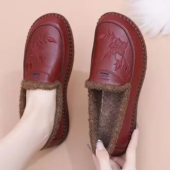 Женские зимние теплые мокасины на плоской подошве, нескользящие прогулочные туфли из искусственной кожи с подкладкой из искусственного меха, удобные мокасины с круглым носком на флисовой подкладке для женщин 35 чёрный