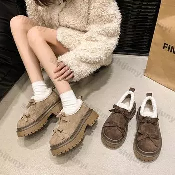 Женские зимние теплые мокасины Зимняя мода Повседневная платформа Slip-On Толстая подошва Замша Женские короткие плюшевые хлопковые банты Кожаные туфли 35 темно-коричневого