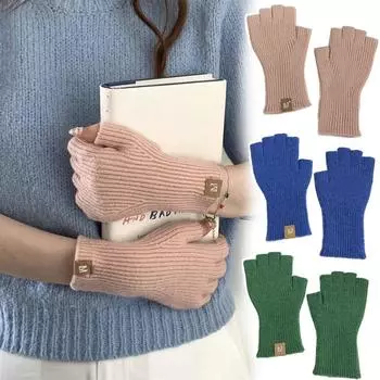 Женские зимние теплые перчатки для активного отдыха на открытом воздухе корейские перчатки с сенсорным экраном на половину пальца вязаные варежки однотонные зелёный