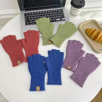 Женские зимние теплые перчатки для активного отдыха на открытом воздухе корейские перчатки с сенсорным экраном на половину пальца вязаные варежки однотонные трава зеленый
