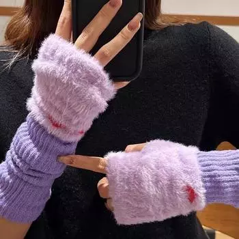 Женские зимние теплые перчатки с полупальцами, симпатичные открытые пальцы, рукава для рук, вязаные ворсовые рукава, мода зелёный