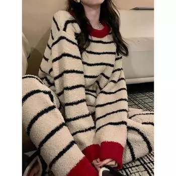 Женские зимние теплые пижамные комплекты, удобные, с длинными рукавами, с принтом, цветной жаккардовый утолщенный свободный флисовый пуловер, комплект из 2 предметов M