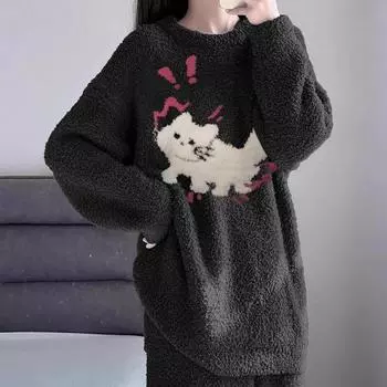 Женские зимние теплые пижамные комплекты, удобные, с длинными рукавами, с принтом, цветной жаккардовый утолщенный свободный флисовый пуловер, комплект из 2 предметов M