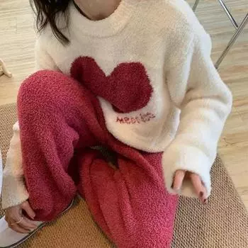 Женские зимние теплые пижамные комплекты, удобные, с длинными рукавами, с принтом, цветной жаккардовый утолщенный свободный флисовый пуловер, комплект из 2 предметов M