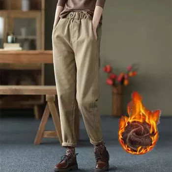 Женские зимние теплые плотные брюки с флисовой подкладкой, Женские зимние брюки с эластичным поясом, повседневные свободные мешковатые брюки XXXL чёрный