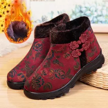 Женские зимние теплые плюшевые хлопковые туфли Нескользящая мягкая подошва Пожилая бабушка Мама Домашние уличные хлопковые ботинки 35 красный