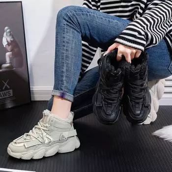 Женские зимние теплые полусапожки, нескользящие зимние ботинки с подкладкой из искусственного меха, короткие ботинки с подкладкой из плюша, высокие кроссовки, прогулочная обувь на шнуровке для женщин 35 бежевый