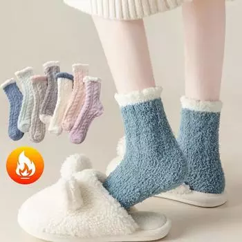 Женские зимние теплые пушистые носки, толстые, милые, термо, мягкие, пушистые, для дома, нескользящие, для сна, однотонные, новинка, удобные носки One Size