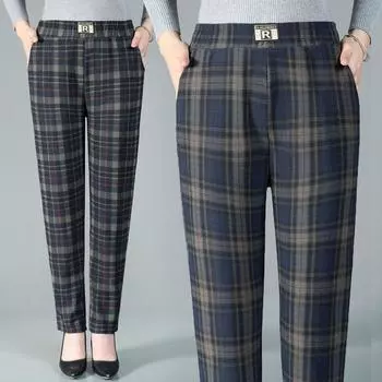 Женские зимние теплые свободные повседневные брюки большого размера со шнуровкой утолщенные клетчатые брюки 4XL