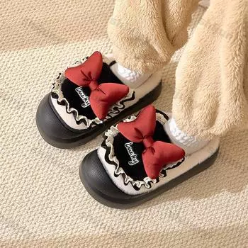 Женские зимние теплые тапочки-бантики в стиле Лолита из хлопка, женские домашние тапочки на толстой подошве, пушистые домашние тапочки для спальни на плоской подошве, обувь 36-37 кофейный