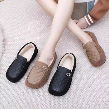 Женские зимние теплые тапочки на плоской подошве с круглым носком для улицы и дома, мокасины с меховой подкладкой, легкие плюшевые туфли для ходьбы для женщин 35 чёрный