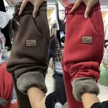 Женские зимние теплые толстые флисовые брюки с подкладкой, модные термобелье, плюшевые брюки, повседневные спортивные брюки с эластичной талией L чёрный