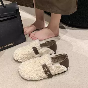 Женские зимние теплые туфли без застежек на пушистом каблуке, женские уличные туфли в корейском стиле с флисовой подкладкой на плоской подошве 35