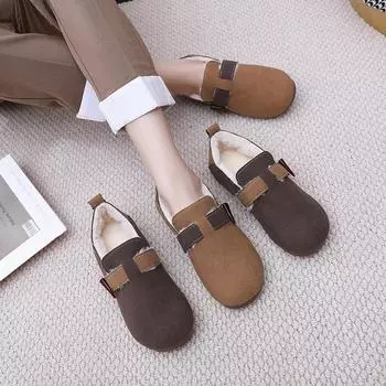 Женские зимние теплые туфли из искусственной замши на плоской подошве с круглым носком, винтажные домашние туфли, мокасины на меховой подкладке, легкие плюшевые туфли для ходьбы для женщин 35 кофейный