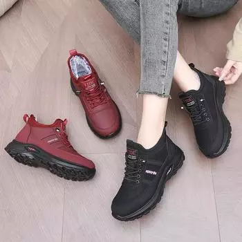 Женские зимние теплые туфли на флисовой подкладке, кроссовки на шнуровке из искусственной кожи с меховой подкладкой для женщин, походная спортивная обувь на открытом воздухе с нескользящей подошвой 36