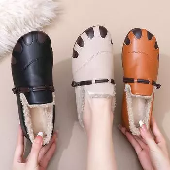 Женские зимние теплые туфли на плоской подошве из нескользящей искусственной кожи с подкладкой из искусственного меха, повседневные удобные мокасины с круглым носком на флисовой подкладке для женщин 35 чёрный