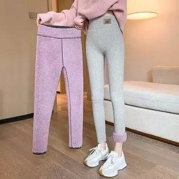 Женские зимние теплые утолщенные леггинсы с высокой талией, эластичные однотонные брюки, бархатные термобрюки для йоги L чёрный