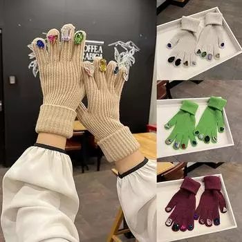 Женские зимние теплые вязаные перчатки с длинными пальцами, однотонные шерстяные роскошные варежки со стразами и сенсорным экраном, женские зелёный