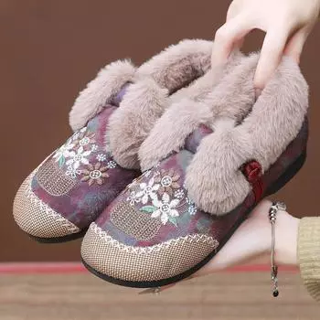 Женские зимние теплые вышитые мокасины с подкладкой из искусственного меха короткие ботильоны удобная повседневная обувь для ходьбы нескользящие зимние ботинки на плоской подошве для женщин 35 красный