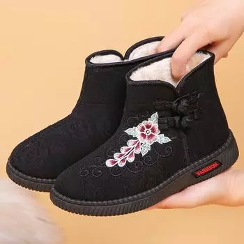 Женские зимние теплые вышитые зимние ботинки, пушистые нескользящие ботинки на платформе, с подкладкой из искусственного меха, удобные короткие ботинки для женщин 35 чёрный