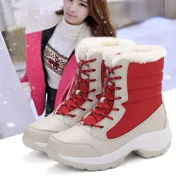 Женские зимние теплые высокие хлопковые туфли плюс бархатные теплые женские туфли-трубы большого размера 35 бежевый