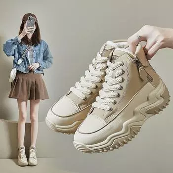 Женские зимние теплые высокие кроссовки, уличные зимние ботинки на подкладке из искусственного меха, ботильоны без шнуровки на толстой подошве, короткие женские ботинки с плюшевой подкладкой