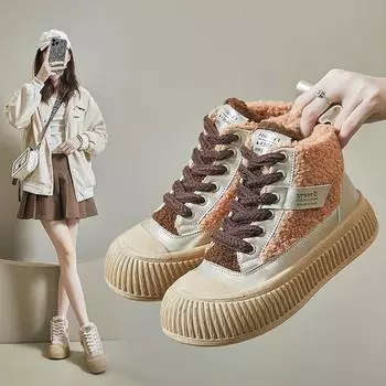 Женские зимние теплые высокие кроссовки, уличные зимние ботинки без шнуровки на подкладке из искусственного меха, повседневные ботильоны на шнуровке, короткие женские ботинки с плюшевой подкладкой