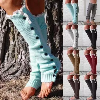 Женские зимние теплые женские рождественские кружевные шерстяные носки выше колена