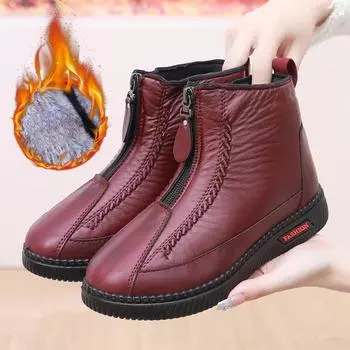 Женские зимние теплые зимние сапоги на флисовой подкладке, туфли с высоким берцем из искусственной кожи на шнуровке и мехом для женщин, уличные ботильоны с нескользящей подошвой 35 чёрный