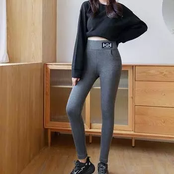 Женские зимние термобелье из овечьей шерсти, теплые бархатные колготки, эластичные узкие брюки с высокой талией M чёрный