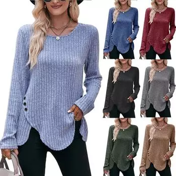 Женские зимние топы, футболка с длинным рукавом, круглый вырез, однотонные модные топы на пуговицах M винный