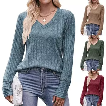 Женские зимние топы с длинным рукавом, футболка с V-образным вырезом, однотонные модные топы XL