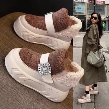 Женские зимние туфли 2023 года на толстой меховой подошве с бархатной подкладкой и дизайном, увеличивающим рост 39