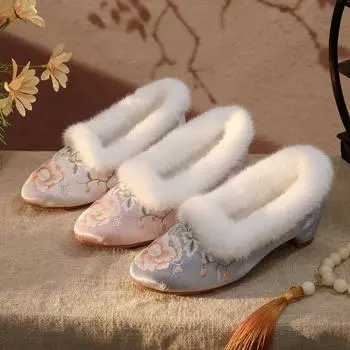 Женские зимние туфли-лодочки с подкладкой из искусственного меха, нескользящие, с круглым носком, на толстом блочном каблуке, для ходьбы, теплые, вышитые, на низком каблуке, мокасины для женщин 34