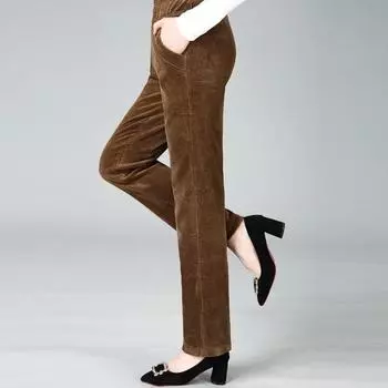 Женские зимние утепленные брюки из плюша, утолщенного вельвета, для мам с высокой талией, для людей среднего возраста и пожилых людей, теплые повседневные прямые брюки, большой размер M чёрный