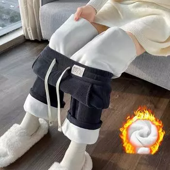 Женские зимние утепленные брюки, теплые, прямые, утепленные брюки, эластичный пояс, свободные брюки больших размеров 4XL