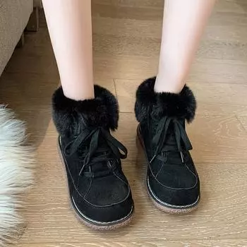 Женские зимние утепленные короткие туфли-трубы с завязками на плоской подошве и толстой подошве 41