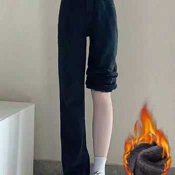 Женские зимние утепленные широкие джинсы со вставками, прямые, со средней посадкой, теплые брюки для студентов M