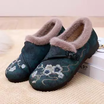 Женские зимние утепленные туфли из хлопка с вышивкой, мокасины с флисовой подкладкой, нескользящие туфли с мягкой подошвой для мам 35