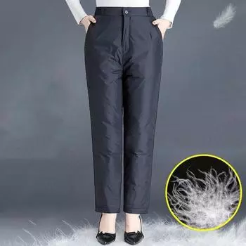 Женские зимние утолщенные теплые хлопковые брюки однотонные с высокой талией теплые удобные брюки на утином пуху XXXXL чёрный