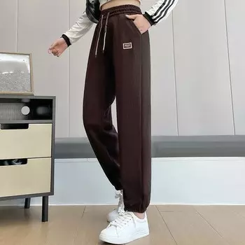 Женские зимние винтажные эластичные флисовые шаровары, утолщенные теплые спортивные штаны с высокой талией и карманами, простые повседневные брюки M чёрный