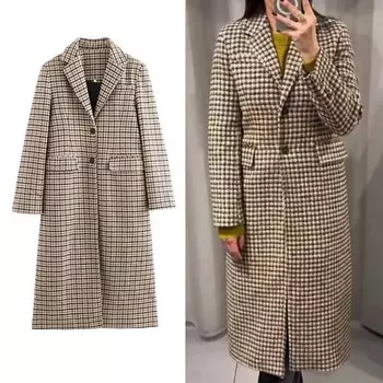 Женские зимние винтажные модные клетчатые длинные пальто для офисных леди однобортные карманы повседневные куртки темпераментное пальто с лацканами XS