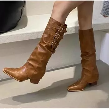Женские зимние винтажные сапоги в ковбойском стиле, модные туфли с острым носком и длинными каблуками, элегантные женские туфли со съемными каблуками 35