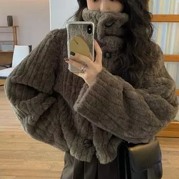 Женские зимние винтажные теплые пальто из овечьей шерсти, модная утепленная хлопковая верхняя одежда с воротником-стойкой, укороченная куртка S кофейный