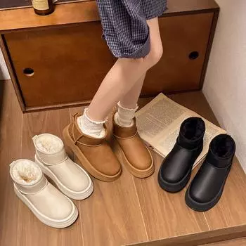 Женские зимние водонепроницаемые кожаные ботинки для снега 2024 года на толстой подошве с бархатной подкладкой и нескользящей подошвой 39 чёрный