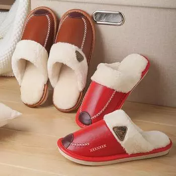 Женские зимние водонепроницаемые нескользящие кожаные тапочки с бархатной подкладкой 36-37