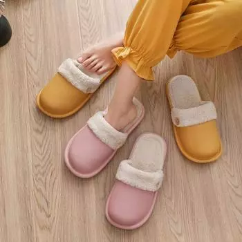 Женские зимние водонепроницаемые тапочки со съемной подкладкой на пуговицах, теплые плюшевые тапочки, обувь на плоской подошве 36-37 розовый