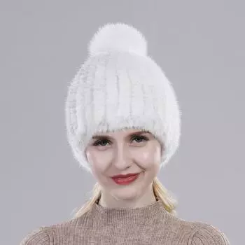 Женские зимние вязаные шапки из 100% натурального меха норки, теплая шапка из натурального меха норки с помпонами из лисьего меха, женская шапка из натурального меха otidoor 53cm-60cm чёрный