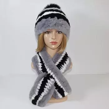 Женские зимние вязаные шапки из натурального меха кролика Рекс, шарфы, сохраняющие тепло, шапки из натурального меха кролика Рекс, женские качественные шапки из натурального меха 53cm-60cm 95cm x 14cm серый/чёрный