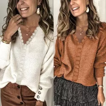 Женские зимние вязаные свитера с v-образным вырезом и длинными рукавами, осенние кружевные однотонные свободные вязаные пуловеры, джемперы, топы S белый